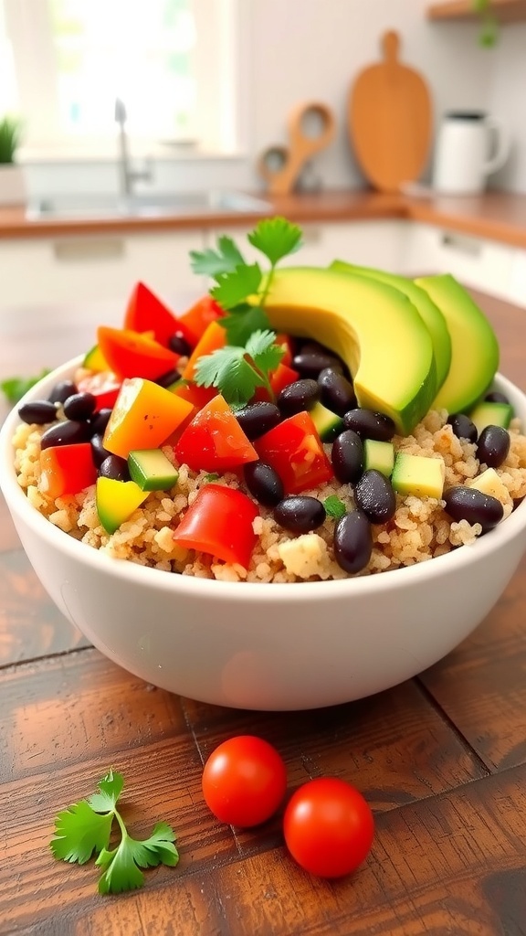 A colorful quinoa bowl with kidney beans, cherry tomatoes, cucumber, bell pepper, and avocado on a wooden table.